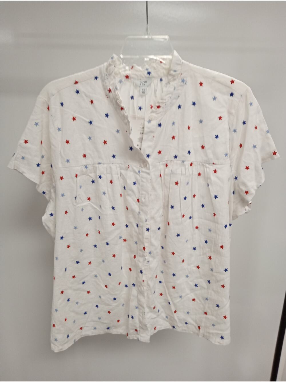 *NEW* Crown & Ivy Embroidered Red White & Blue Stars Linen Blend Shirt 2X  0354